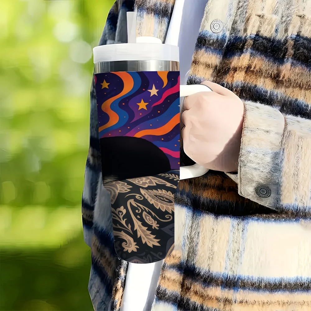 1pc Halloween 40Oz Insulated Tumbler with Handle And Straw, Cute Sleeping Tuxedo Cat Starry Swirl Pattern Water Cup for Home Office Car Travel Outdoor Camping Daily Drinking Use view 5