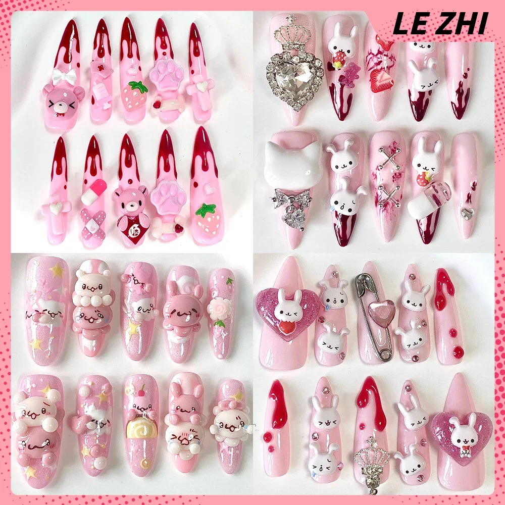 

10Pcs Y2K Cartoon Handmade Long Almond Press On Nails Sweet Cool 3D Flowers Bow Wings Diamond Fake Nail