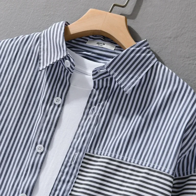 Spring New Men's Striped Shirts Long Sleeve Daily Casual Korean Popular Clothes Lapel Patchwork Designer Shirts Male Fashion Top
