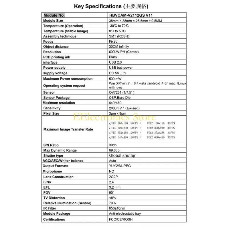 B03C USB 640x480 OV7251 Camera Module 0.3MP 60° 90° Fixed Focus Black and White High-Speed Scanning Module Plug and Use