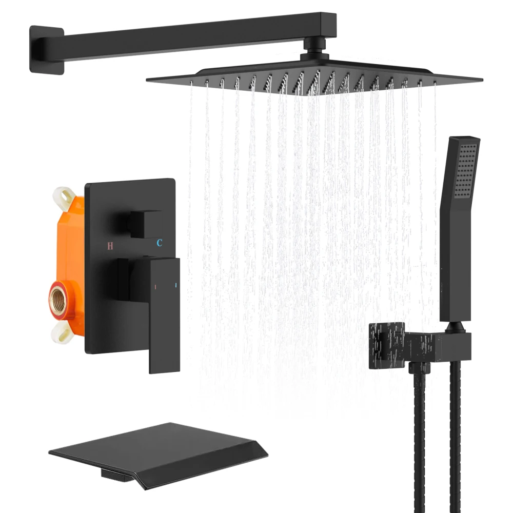 

10" Square Rain Shower Brushed Nickel:Handheld Spray,Waterfall Tub Spout&Pressure Balance Valve