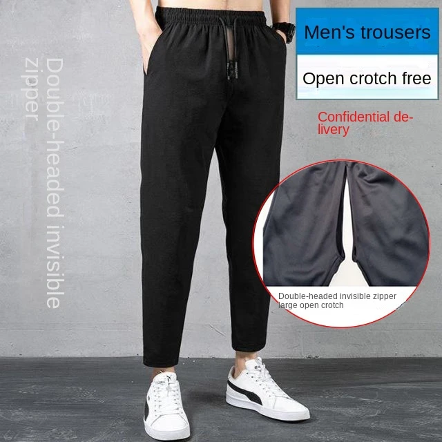 Summer Straight-Leg Pants Outdoor Sex Open-Seat Pants Sexy Pant Belt Penis Hole Multi-Pocket Waist Drawstring Leisure Trousers