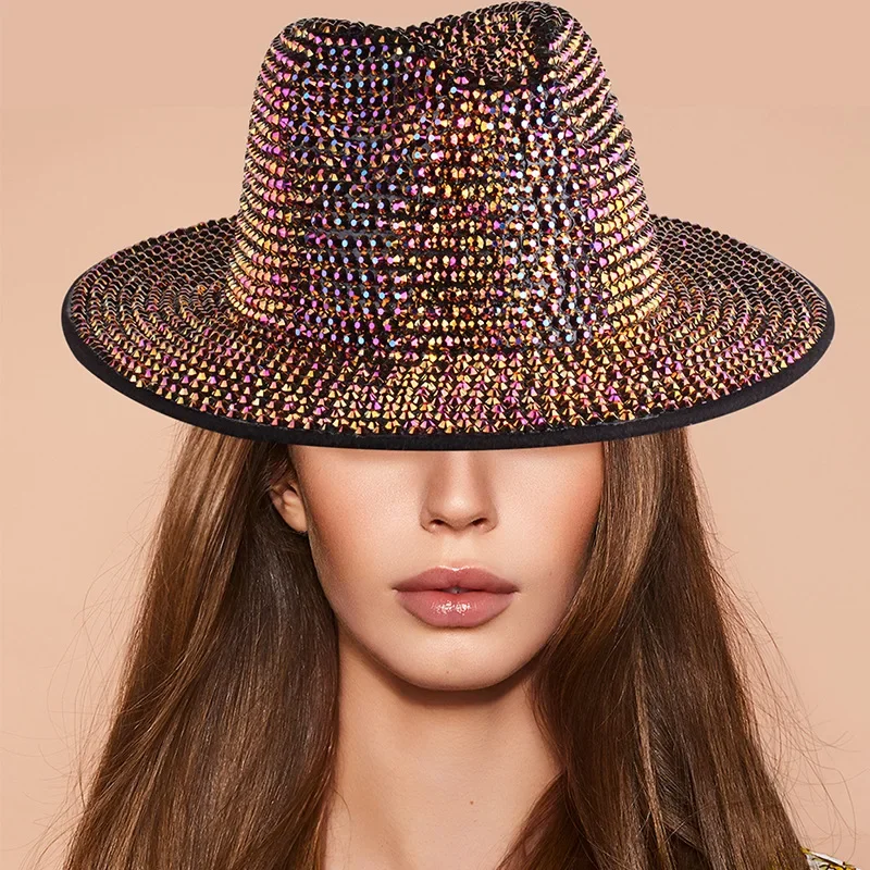 Rhinestone full of diamond stage hats handmade design British vintage woolen jazz hats, suitable for music festivals, parties