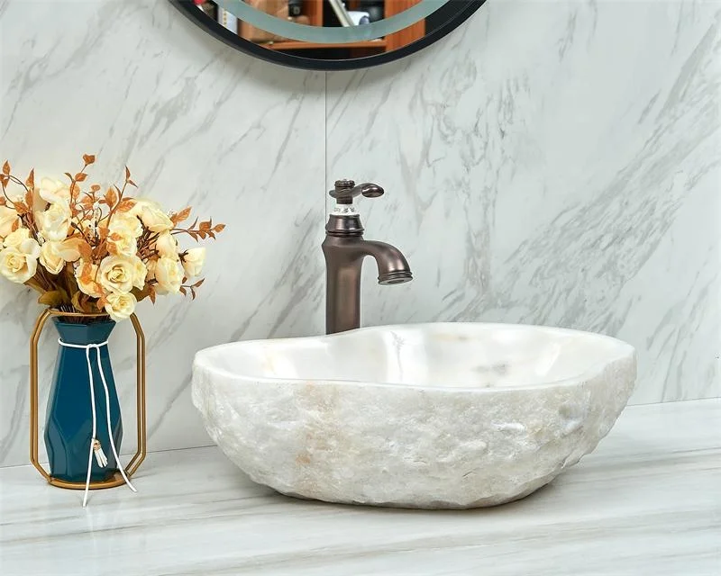 %r Modern Irregular Edge White Natural Stone Bathroom Hand Wash Sink with Drainer