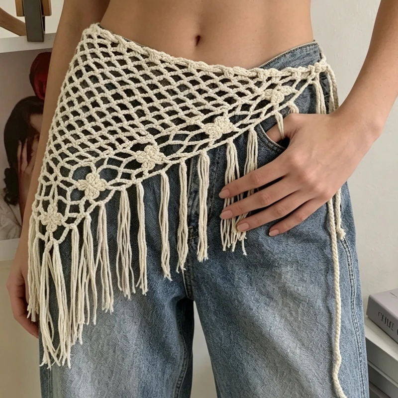 Y2K Hollow-Out Fringe Triangle Scarf for Women Spring Adjustable Layering Accessory Versatile Waist Hip Wrap Fashion