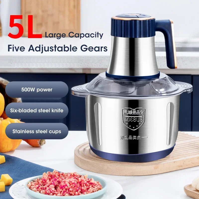 Electric Meat Grinder 5L Large Capacity Stainless Steel Multifunctional Meat and Vegetable Slicing Grinder Flour Mixer Kitchen