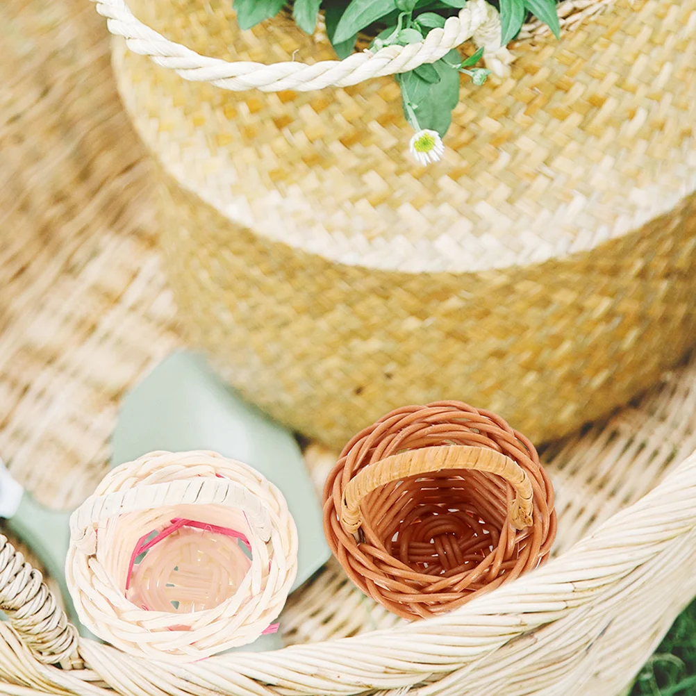 6 Pcs 등나무 꽃 바구니 작은 짠 바구니 장식품 공예 선물 핸들 미니 라운드 미니어처 쇼핑 캔디