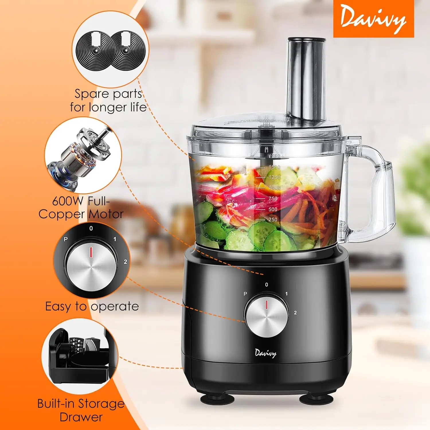 

7 Cup Food Processor, 8 Functions Built-in Storage Drawer Vegetable Chopper with 10 set blades,French fry cutting,Wavy sl