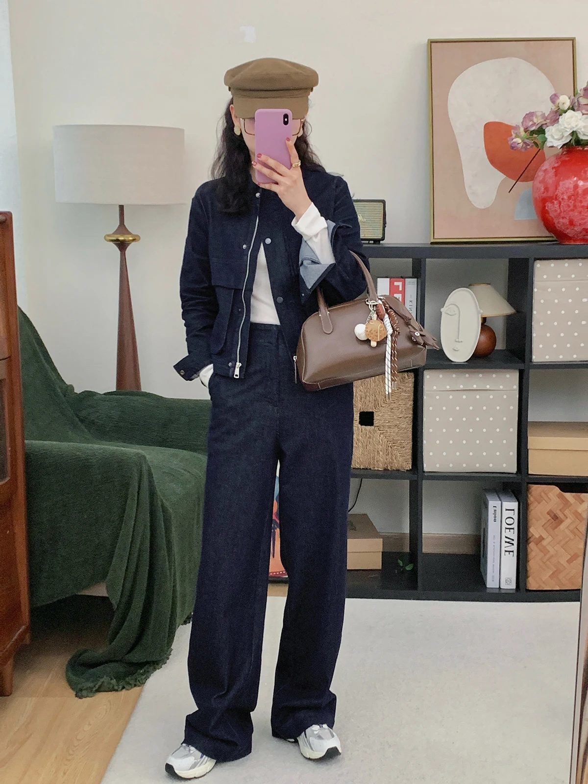 

Spring 2026 Women's Casual Sle Denim Jaet And High Waist Wide Leg Pants Two Piece Set High Collar Zipper Original Color J...
