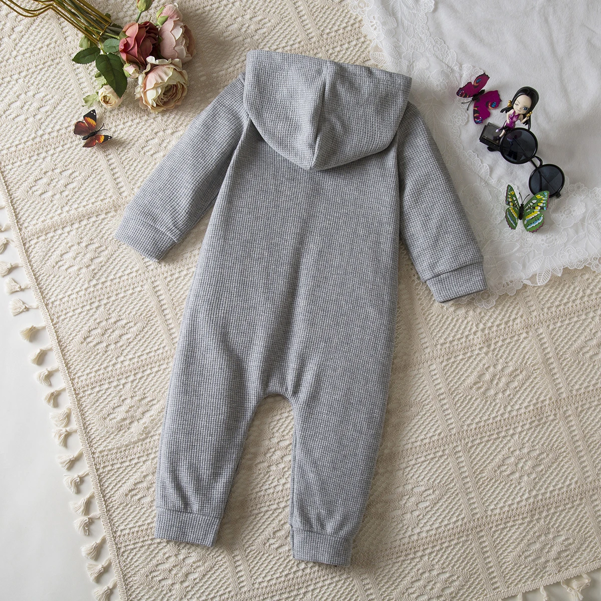 Spring Autumn Baby Waffle Knit Hooded Onesie Grey 