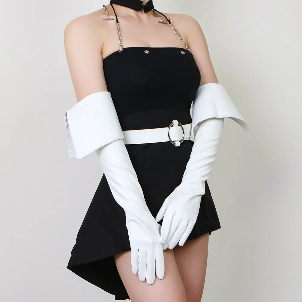 26 Zoll (65 cm) lange Handschuhe aus Kunstleder, PU, Latex, weiß, extra tief geschnitten, umklappbar, im Cyberpunk-Stil, Armstulpen, sexy Damen-Fäustlinge – Detail 21