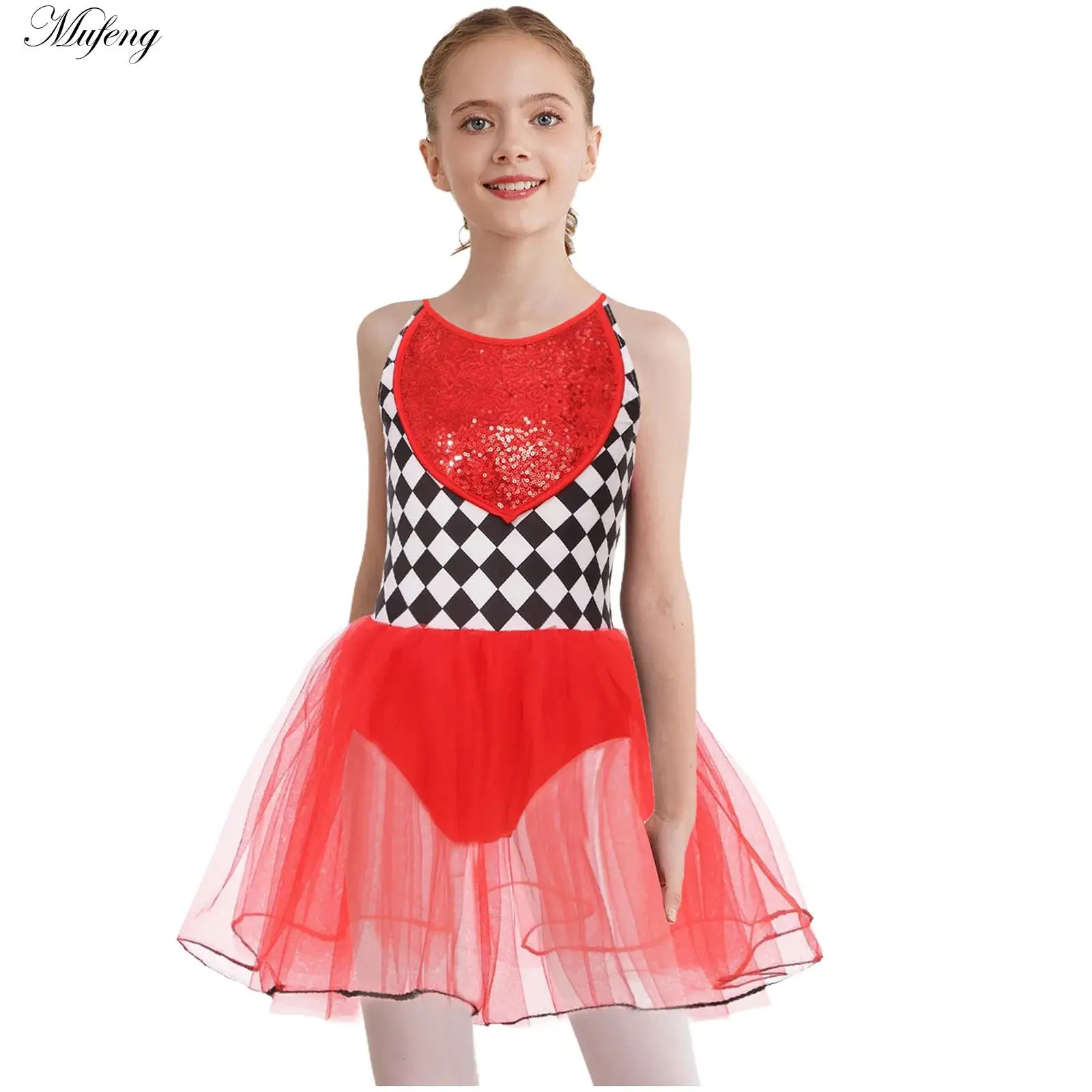 

Girls Heart Red Queens Cosplay Costume Sequins Checkerboard Mesh Tutu Ballet Leotard Halloween Carnival Party Racer Car Driver