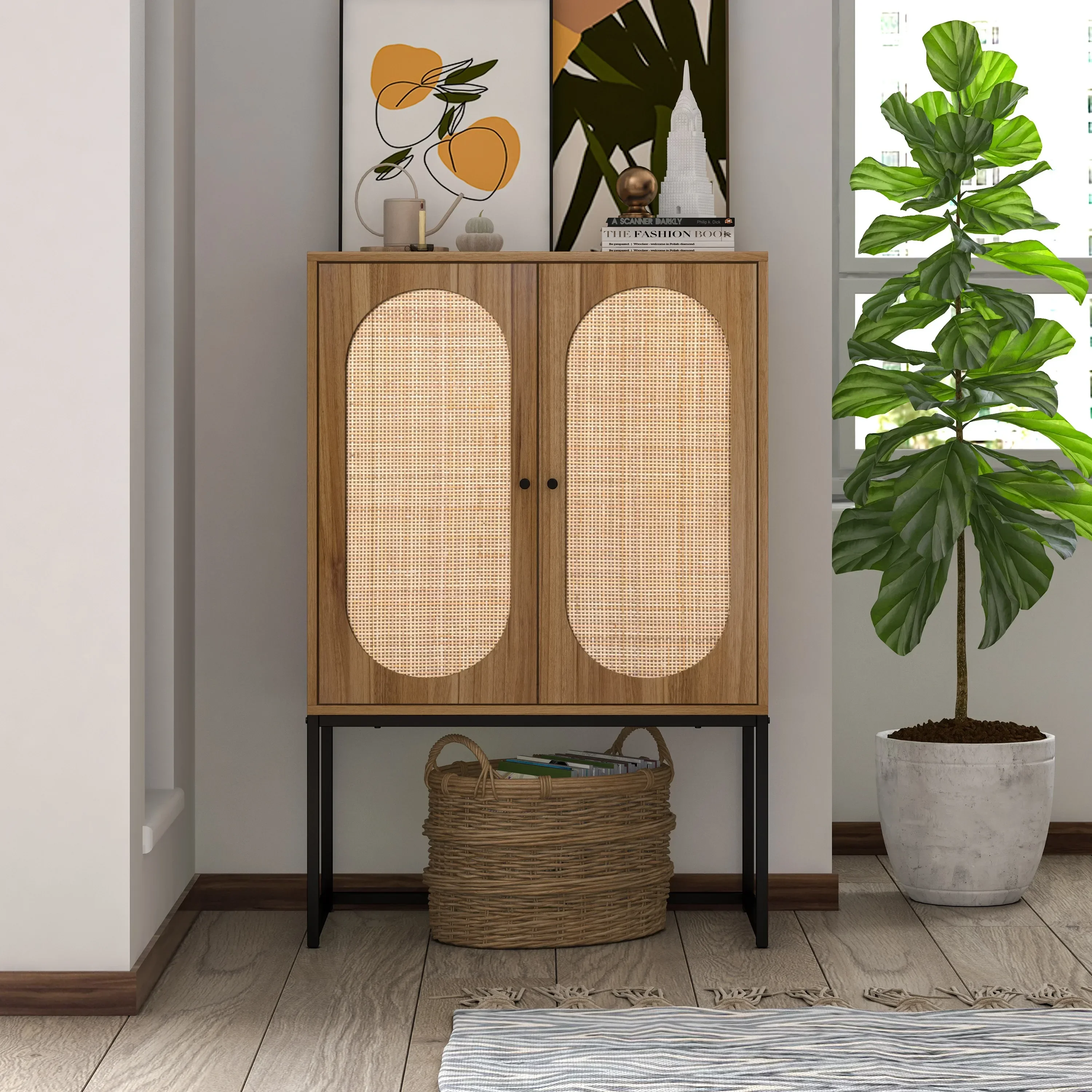

Living room cabinet, Natural rattan 2 Door high cabinet