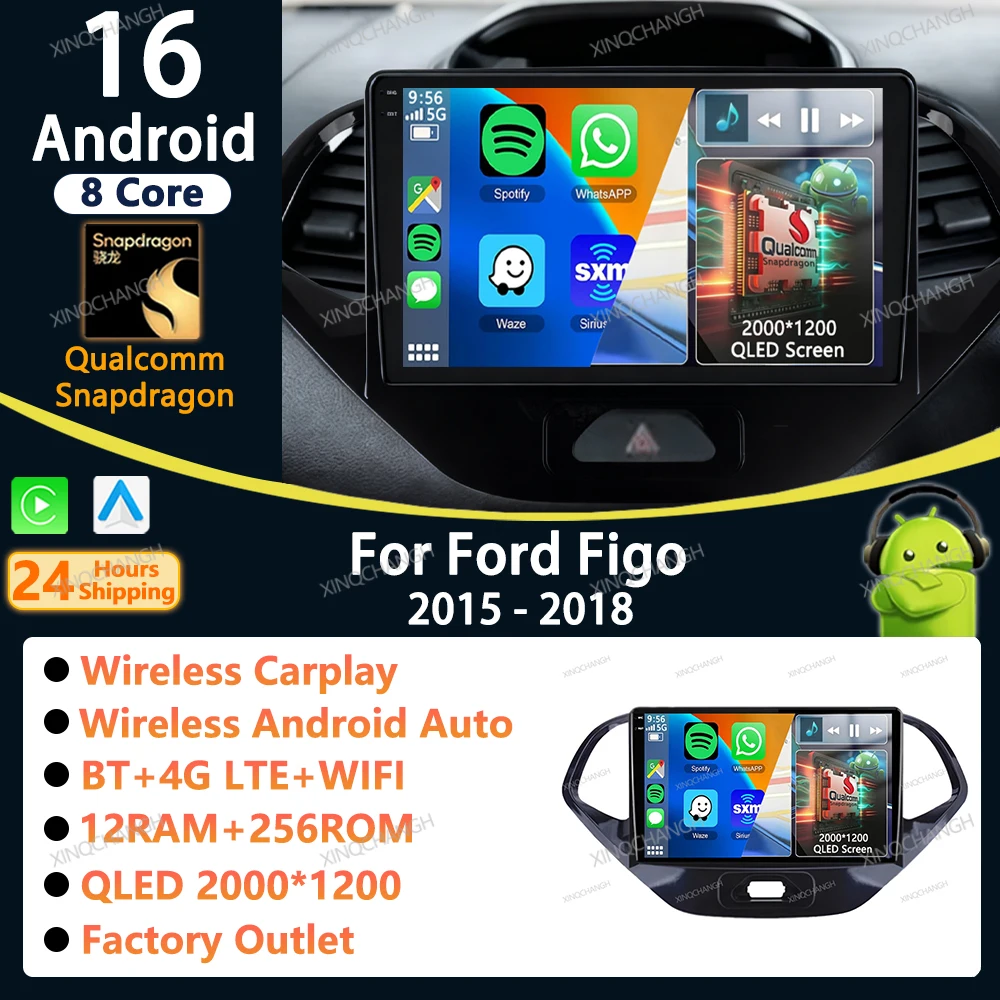 Rádio Automotivo Android 16 com Carplay Auto para Ford Figo 2015 - 2018, Unidade Principal, Painel de Vídeo, Acessórios, Kit de Painel de Montagem no Painel