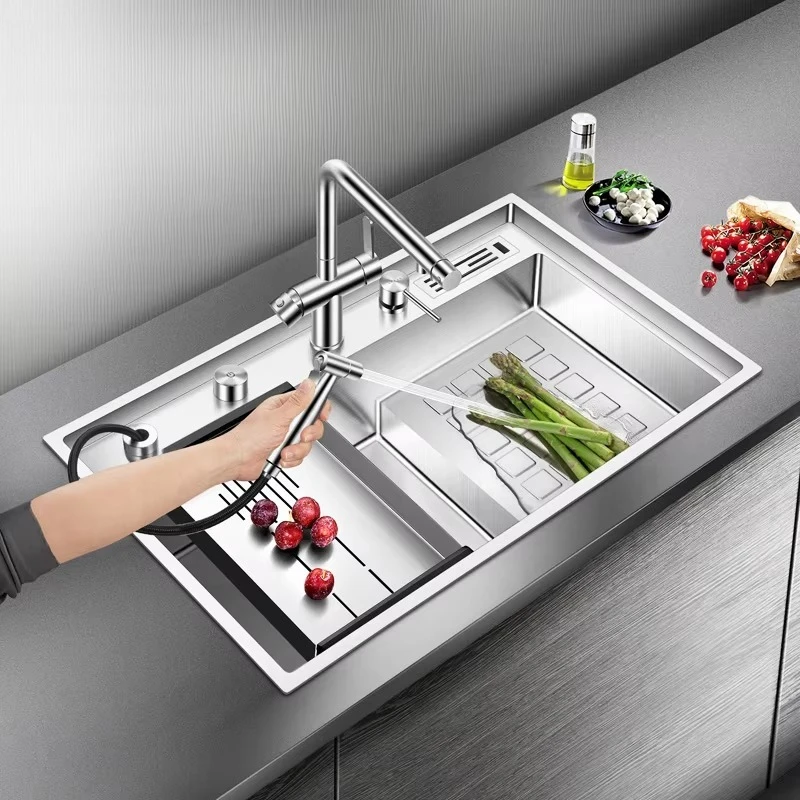 SUS304 Handmade Kitchen Sink Fine Brushed with Drainer and Kitchen Tap Manufacturer 7245J