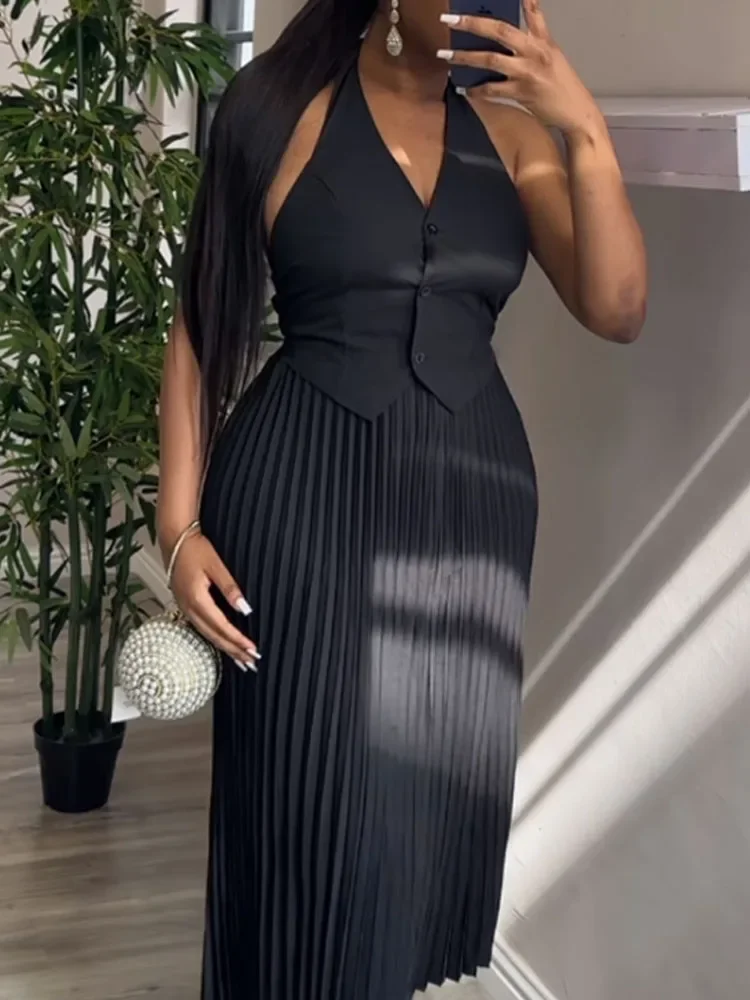 

Женский повседневный однотонный жилет без рукавов с лямкой на пуговицах спереди и плиссированная макси-юбка с высокой талией, комплект из 2 предметов