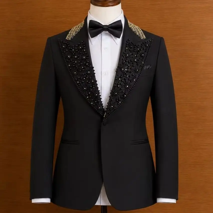 Luxury Black Beaded Peak Lapel Men 2 Piece Suit Rhinestone Embellished Shoulder Slim Fit Wedding Groom Blazer Pants Customized