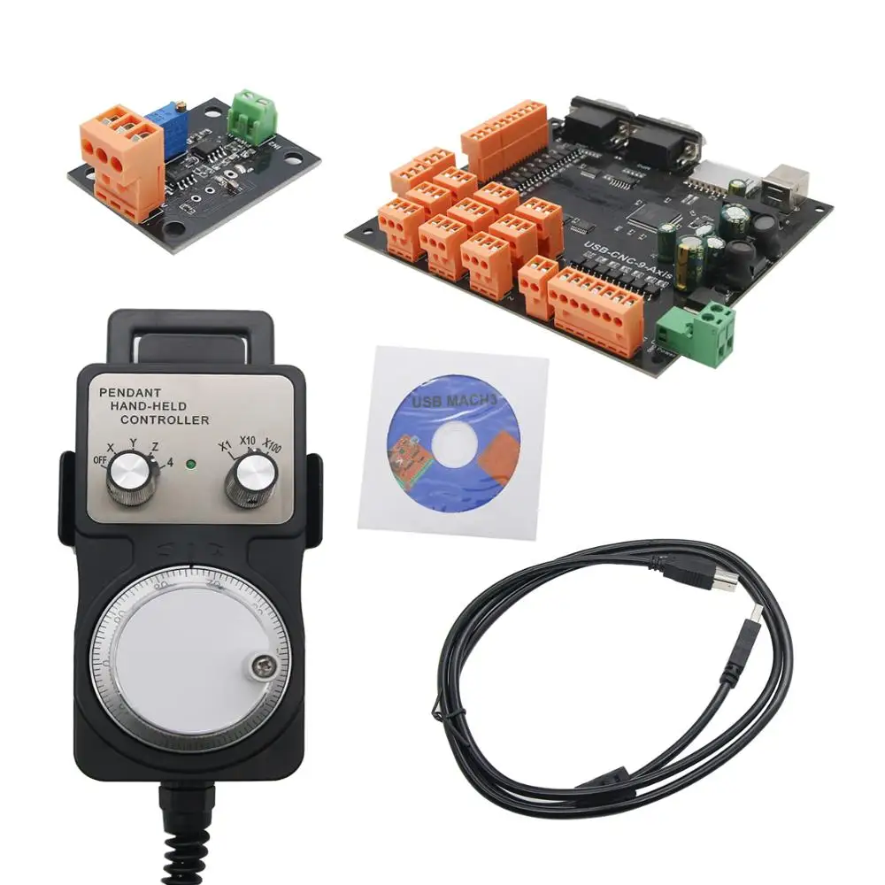 9Axis CNC Controller Kit 100KHz Stepper Motor Controller Breakout Board + Handwheel+USB Cable+CD