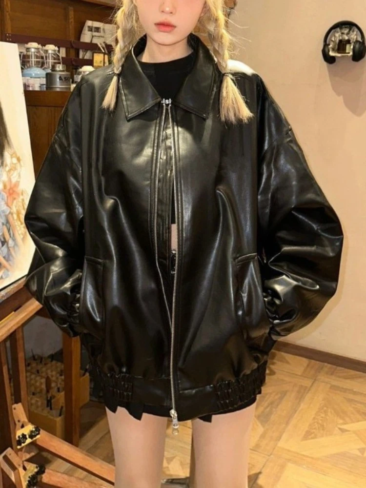 

Black Korean PU Leather Jacket Women High Street Retro Motorcycle Leather Jacket Female Loose Casual Fashion Summer Leather Coat