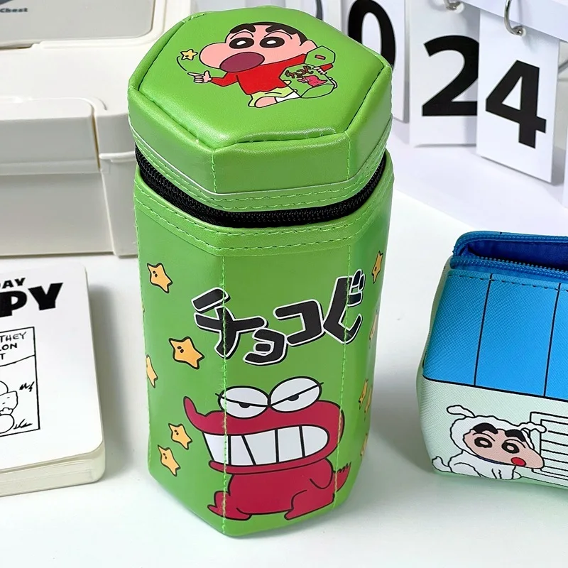 Kawaii Crayon Shin Chan Cartoon Hexagonal Zipper Three Dimensional Pen Holder Student Large Capacity Stationery Storage Holder