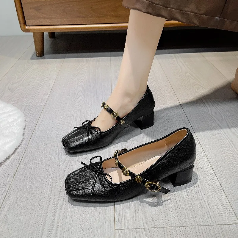 

Women's Chunky Single Shoes Spring New Square Head Shallow Mouth Butterfly Knot Rhinobarrhinos with A Line with Mid-heel Shoes