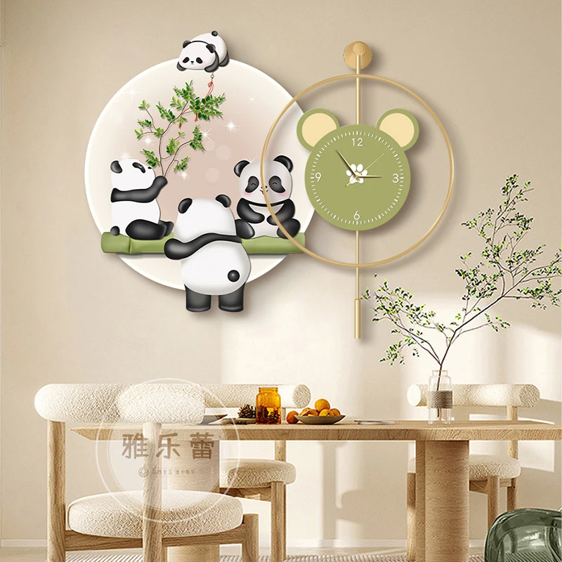 

Cream Wind Restaurant Decorative Painting Clock Wall Clock Dining Hall Background Wall Painting 2025 New Panda Luminous Walllamp