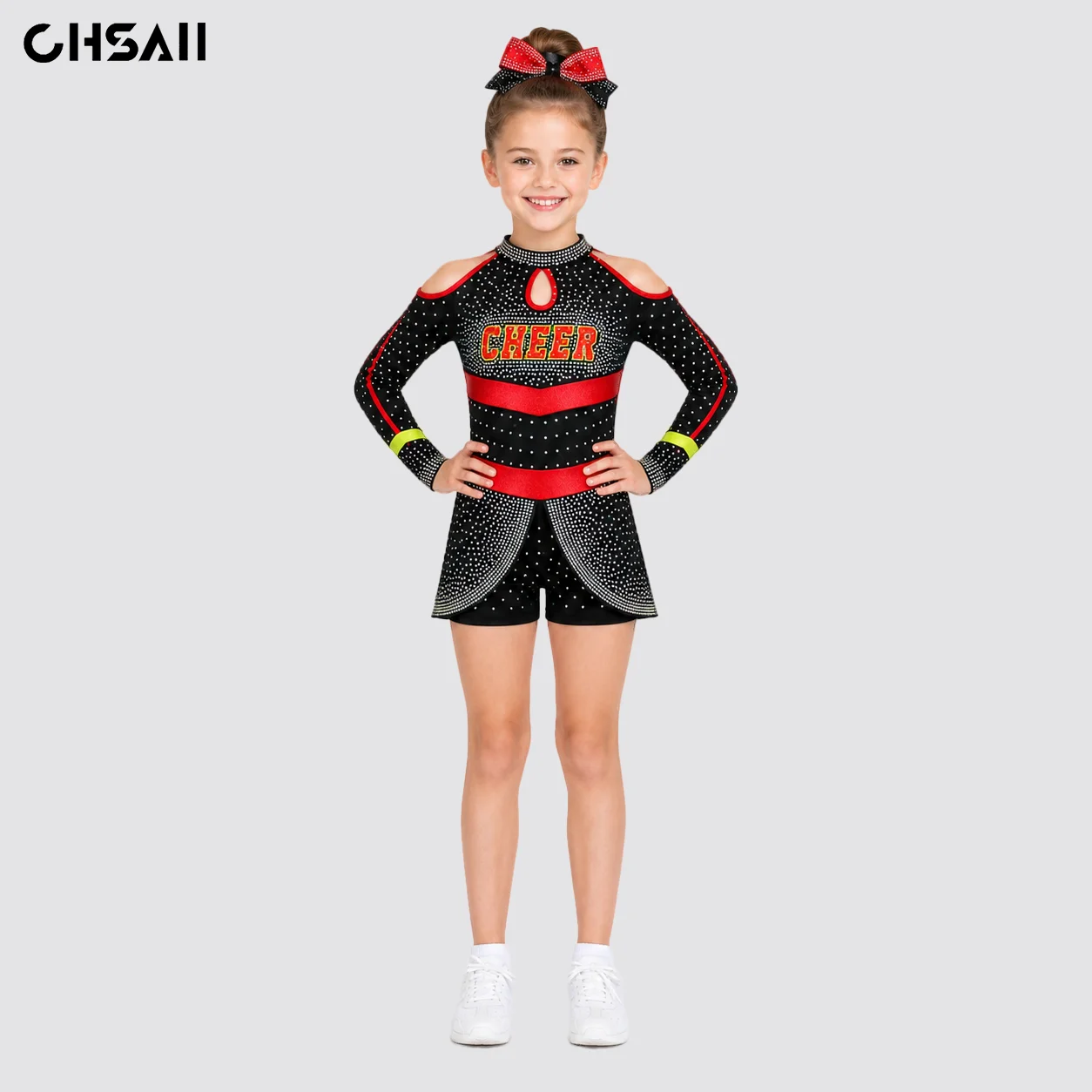 Girls Black Red Cheerleading Uniform Long Sleeve Rhinestone Cold Shoulder Keyhole Skirted Shorts Kids Dance Competition Costume