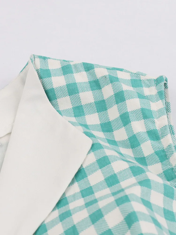 Tonval Turquoise and White Gingham Retro 50s Rockabilly Dress Women V-Neck Cotton Pleated Pockets Vintage Pinup Dresses
