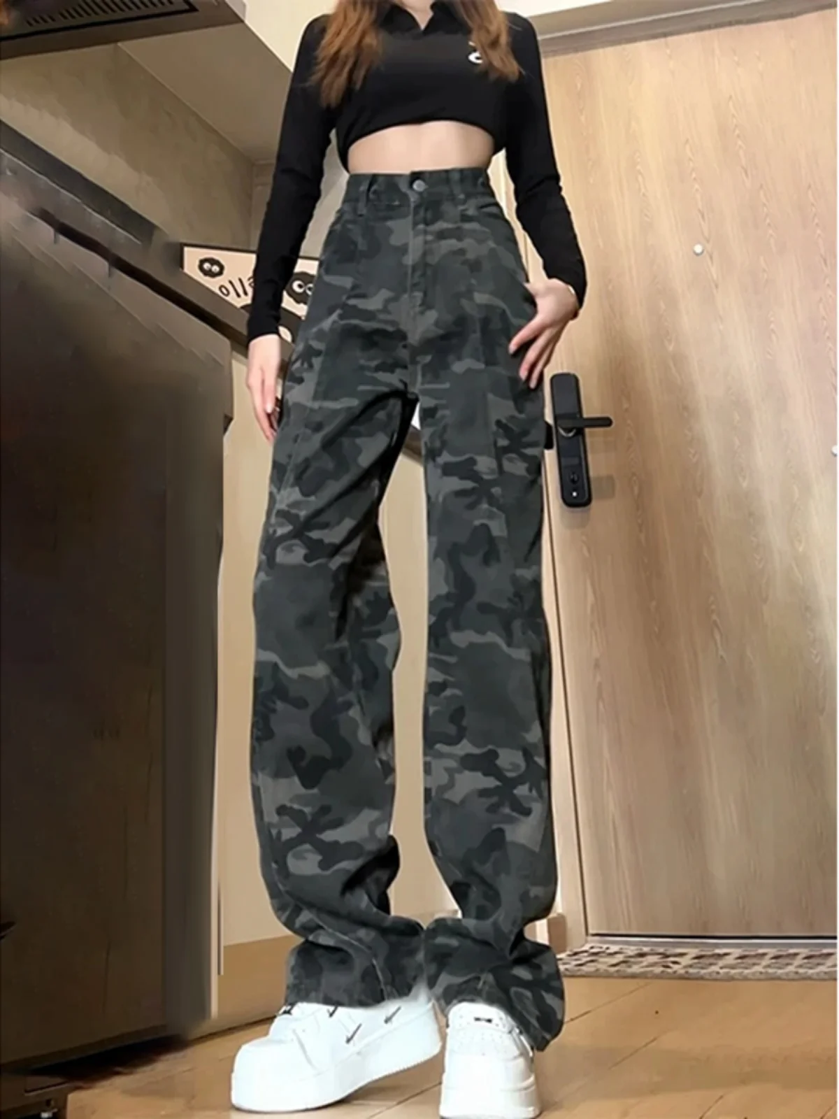 

American Camouflage Work Pants Women's Spring Autumn Fce Cold Resistant Small Size Slim Straight Leg Bell Bot Jeans