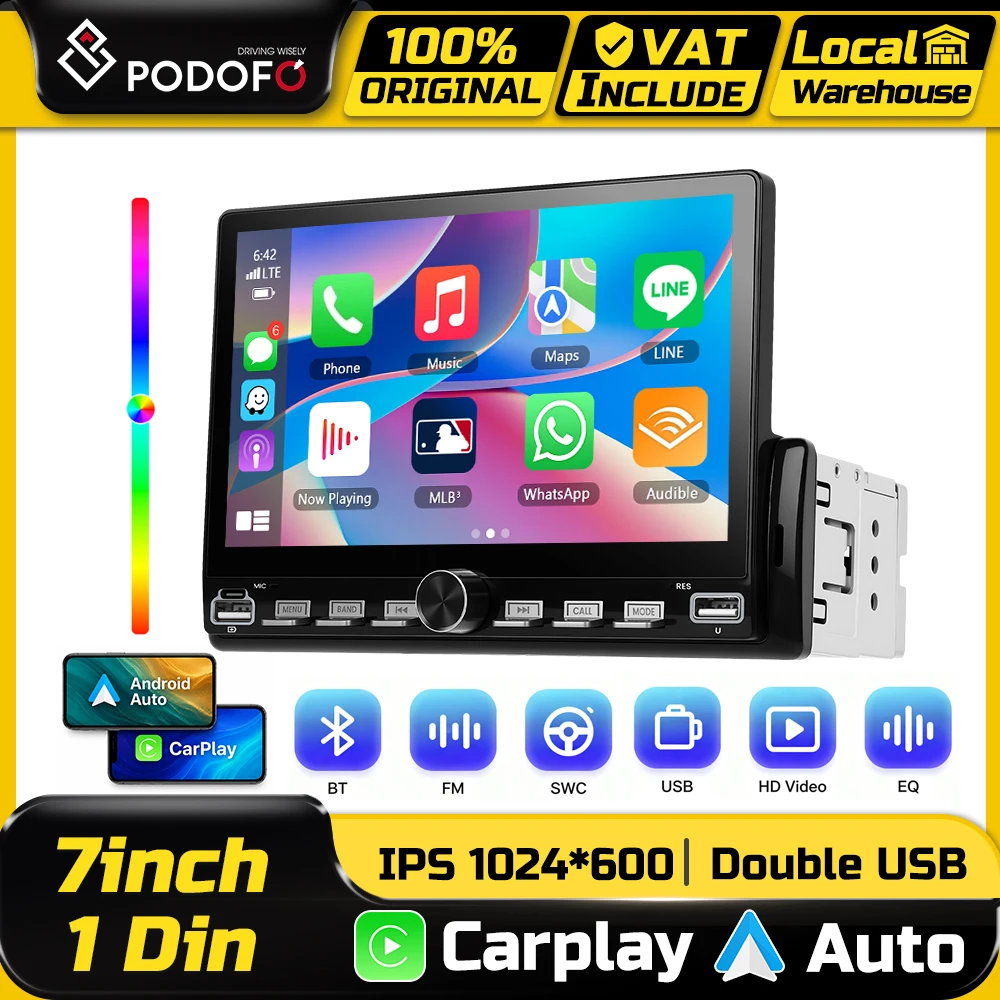 Podofo 1 Din 7-Zoll Autoradio Multimedia MP5 CarPlay Android Auto Intelligente Fahrzeugsysteme BT FM AM RDS Radio Mirror Link BT EQ FM