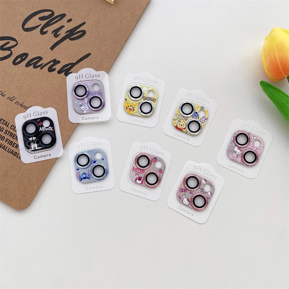 3D Metal Camera Lens Glass Protector per iPhone 11 12 13 Mini 14 Plus 15 Pro Max Kitty Kuromi Cinnamoroll Mickey Stitch Duffy