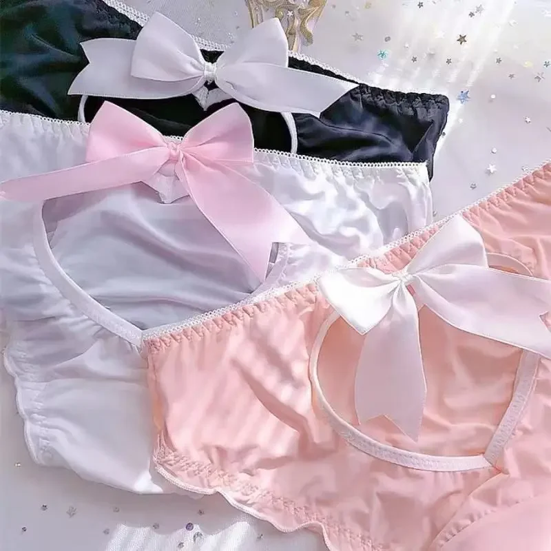 Women Sexy Hollow Big Bow Cute Lovely Sweety Lolita Panties Ruffles Underwear Princess Style Stretch Milk Silk Low Waist Breifs