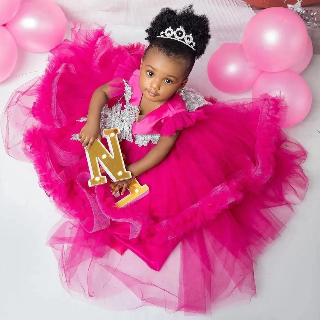 Vestidos De Menina De Flor Fúcsia, Pescoço Em V, Vestidos De Baile Em Camadas, Princesa Rainha Arco Decorado, Vestido De Festa De Aniversário Das Meninas