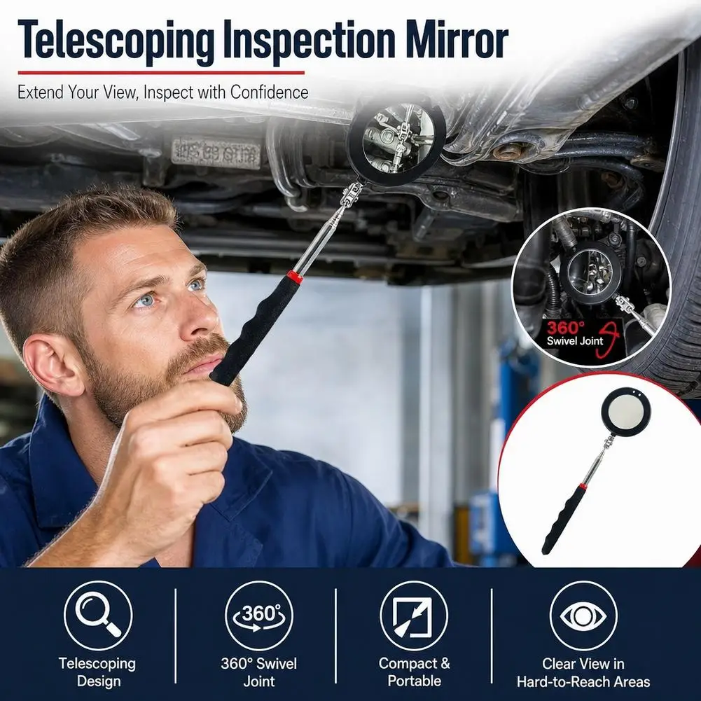 360 Retractable Telescopic Inspection Detection Lens Round Mirror Silver Pocket Clip New Car Tools Extend 7-1/4' to 30' DIY TOOL