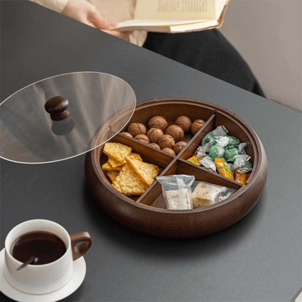 

Snack Plate 4-Compartment Snack Serving Trays Wooden Chinese Retro Fruit Tray Round Snack Organizer Box Kitchen Use