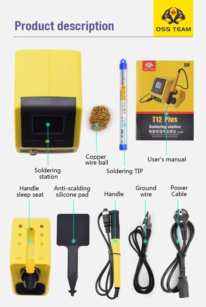 OSS T12 Plus Estação de Solda Digital, 75W, Pontas de Ferro Solda, Aquecimento Automático, Dormancy, Soldagem Inteligente, Ferramentas de Reparação