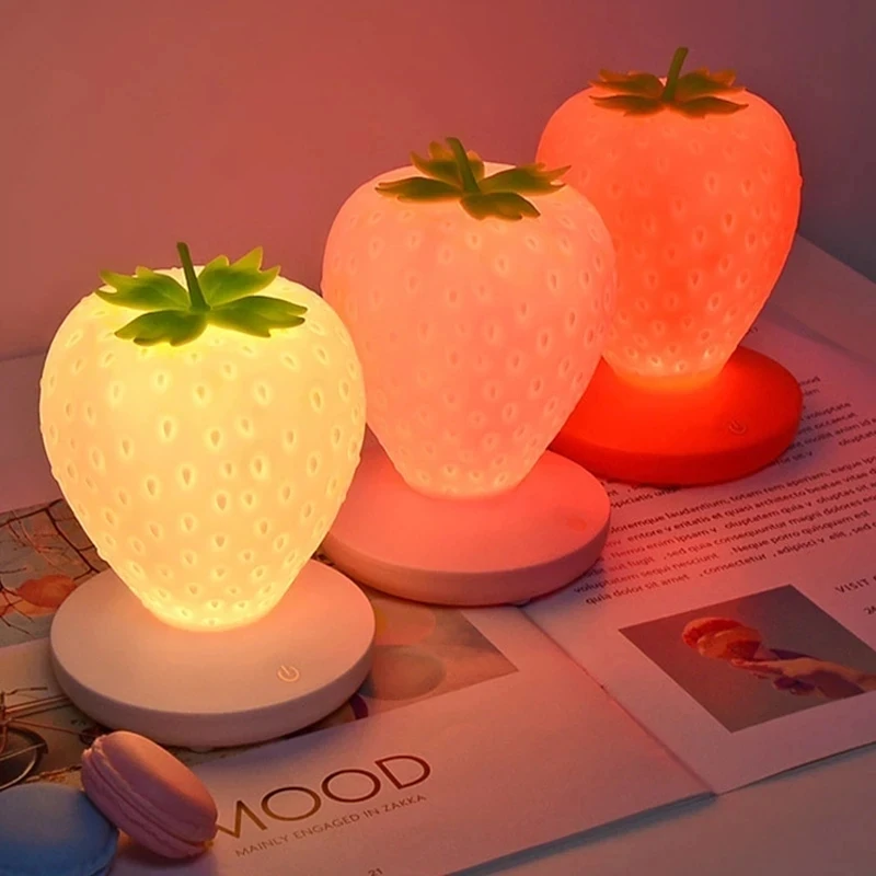 

LED Strawberry Lamp for Bedroom Silicon Touch-Sensor USB Rechargeable Dimmable Idyllic Bedside Night Light for House Decoration