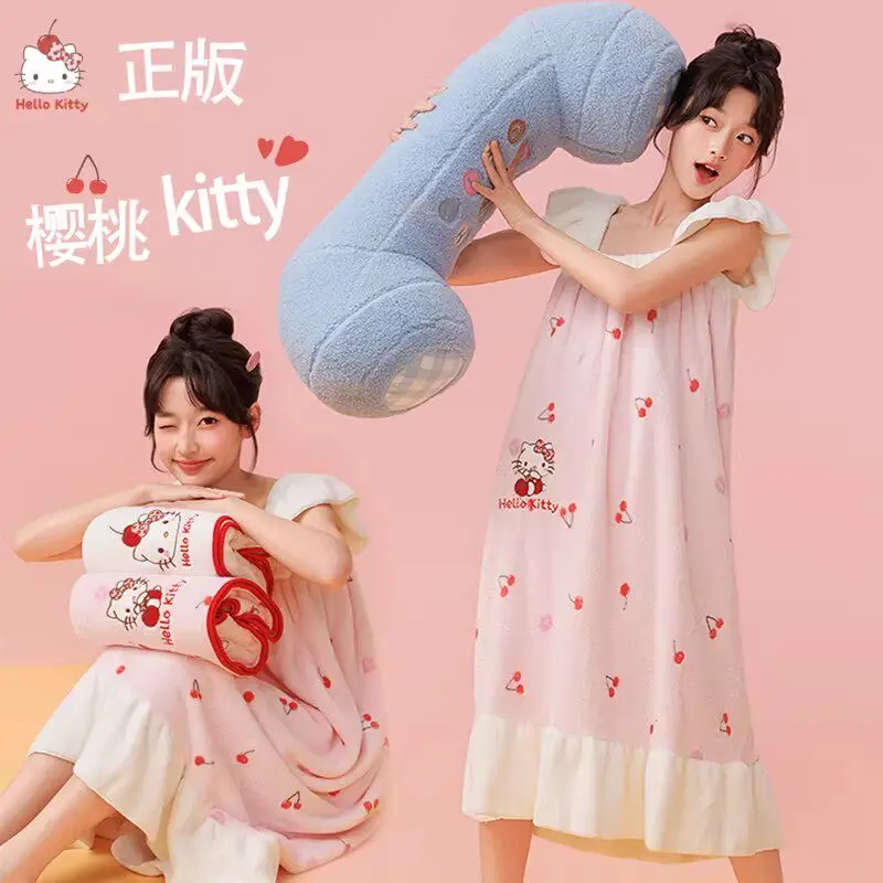 

Sanrio Genuine Hello Kitty Coral Fleece Bath Dress Adult Women Wearable Wrap Absorbent Quick Drying Bath Towel