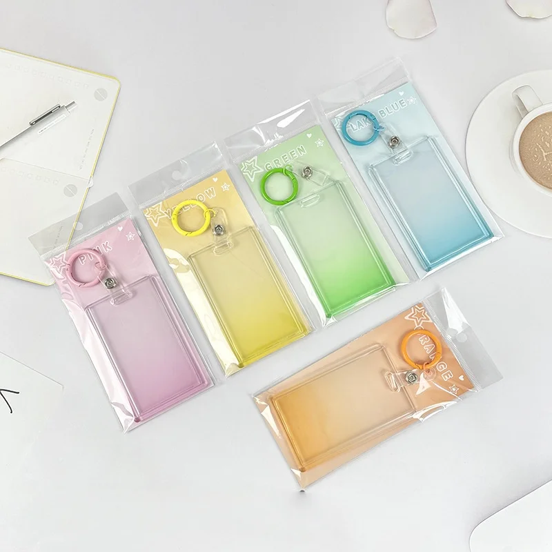 1pc Gradient Pink Transparent Sliding Cover Card Holder With Keychain， Work Student ID Card Bus Transport Card Protector Holder