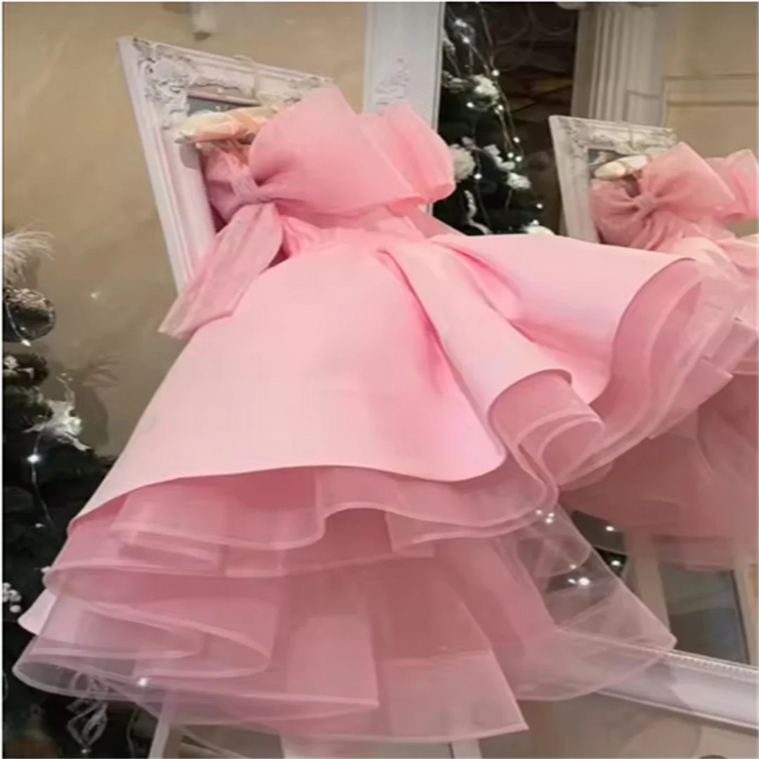فساتين فتاة الزهور بفيونكة وردية عالية ومنخفضة مخصصة لحفلات أعياد الميلاد للفتيات الصغيرات للأطفال فستان التواصل الأول