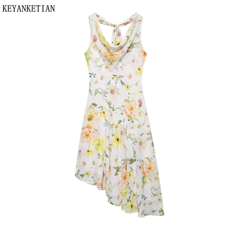 KEYANKETIAN ผู้หญิงดอกไม้พิมพ์ Halter Backless ชุดชีฟองไม่สมมาตรฉัตร Slim วันหยุดลมแกว่งคอ MIDI ชุด