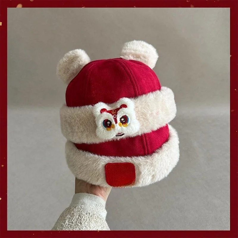 

Детская зимняя шапка с красной праздничной тигровой головой, теплая новогодняя шапка-ушанка для малышей, милая шапка для годовалых детей, утепленная полиэстеровая