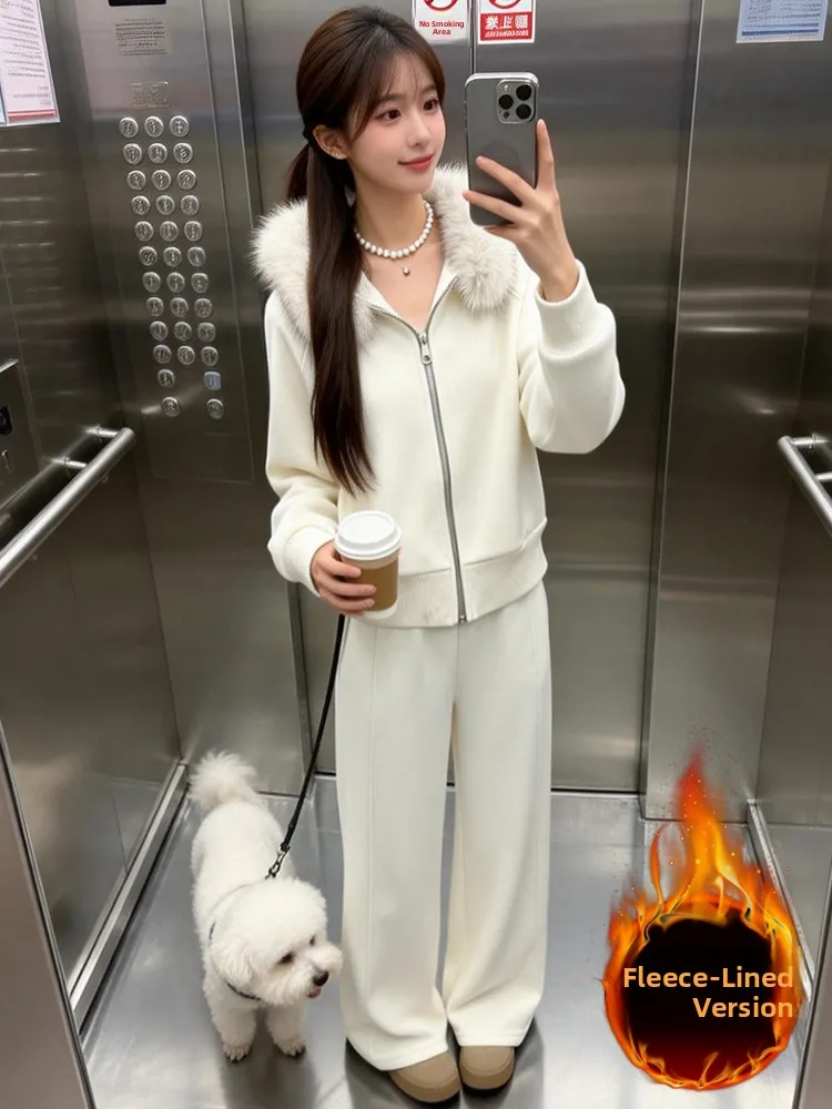 

High-End Brand Casual Ensemble Women's Spring New Fleece Lined Hooded Open Cardigan High Waist Wide Leg Pants Two Piece Set