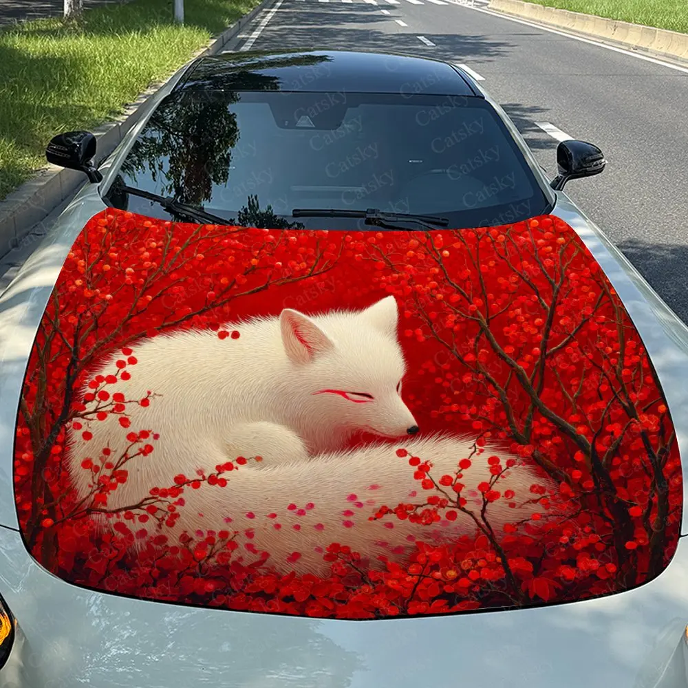 

Наклейка на капот автомобиля с изображением красных листьев и белых лис, водонепроницаемая самоклеящаяся наклейка из ПВХ, устойчивая к царапинам, прочная наклейка на капот автомобиля и грузовика