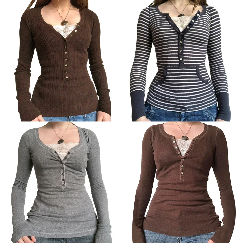 

Vintage Lace Patchwork Cute Cotton Tshirts Women Korean Fashion Button Fairy Grunge Y2K Clothes Casual Spring Autumn Retro Tops