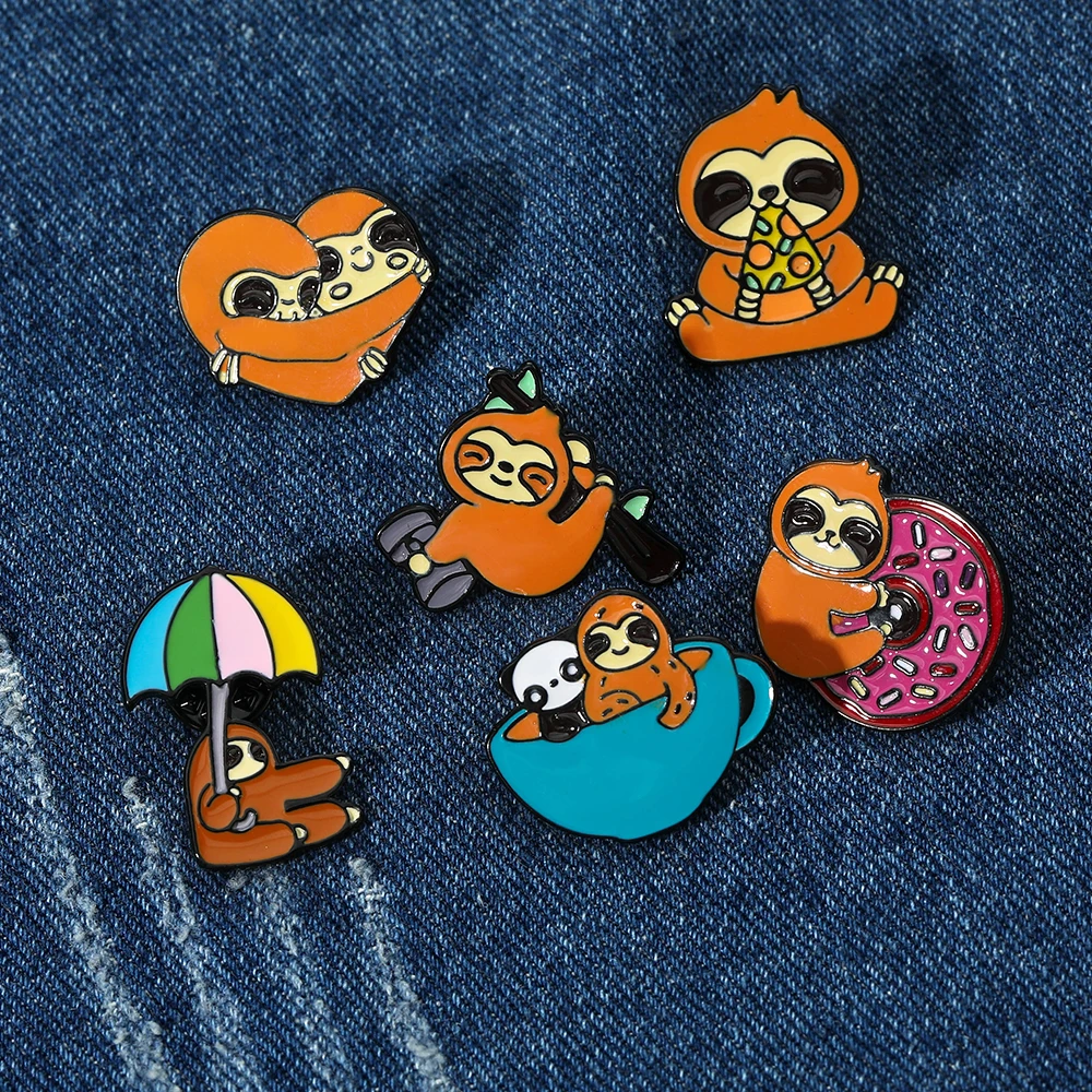 6Pcs/Set Cute Cartoon Play Sloth Collection Pins Umbrella Doughnut Dumbbell Lovers Pattern Bradypod Enamel Brooches