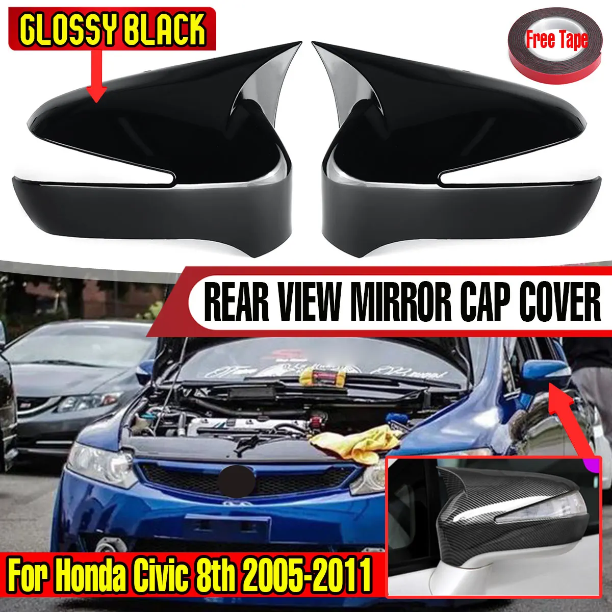 

1Pair Car Rearview Mirror Cover Cap Mirror Shell Case For Honda Civic 8th Gen 2005-2011 Side Wing Rear View Mirror Cover