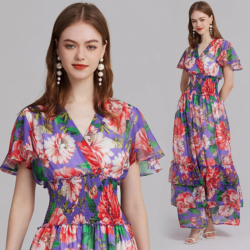 

2024 Spring Summer Sexy V Neck Bohemian Floral Print Long Dress Women Casual Short Sleeve High Waist Party Chiffon Dress G175