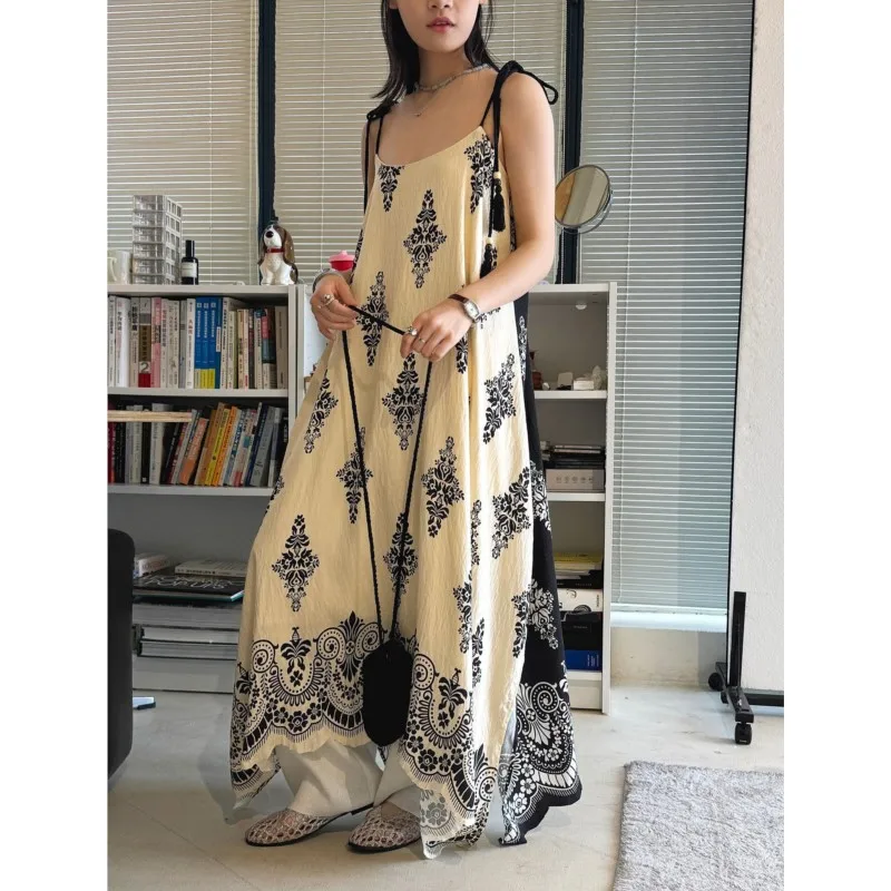 Johnature Summer New French Bohemian Style Printed Tie-Strap Spaghetti Strap Dress Vacation Maxi Dress For Women
