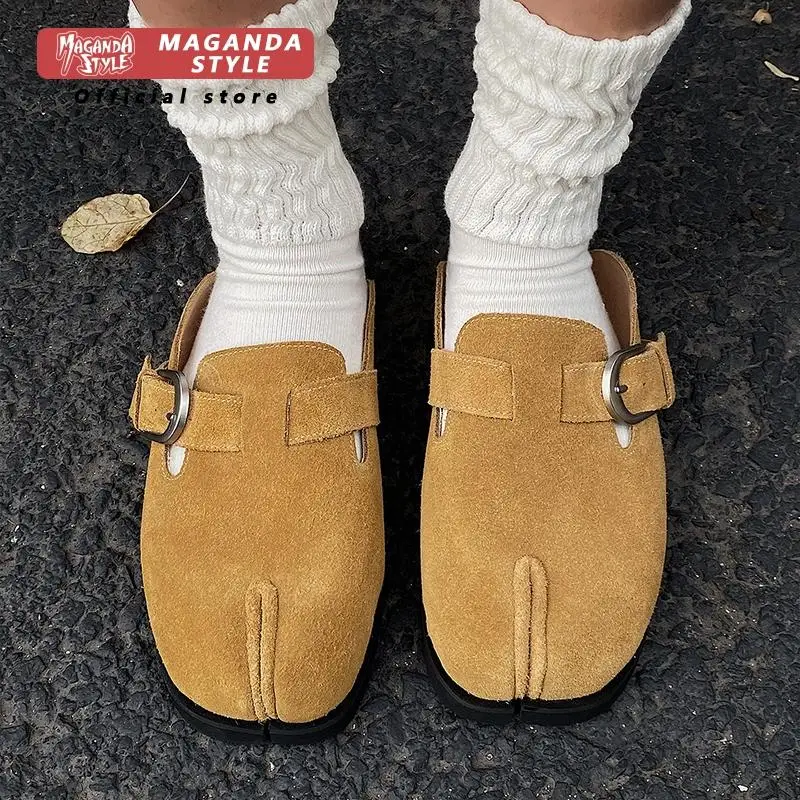 Tabi slippers men's suede leather summer fashion split toe design Boken slippers youth trend wear-resistant outdoor Muller shoes